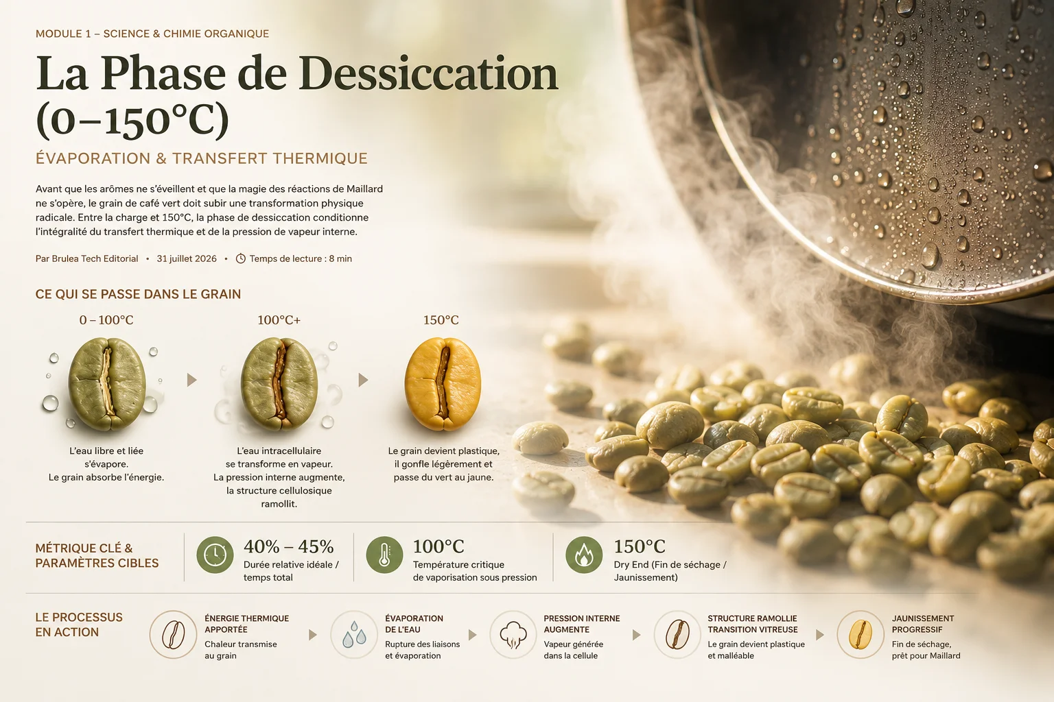 Grains de café vert chauffés devant un tambour de torréfaction couvert de condensation