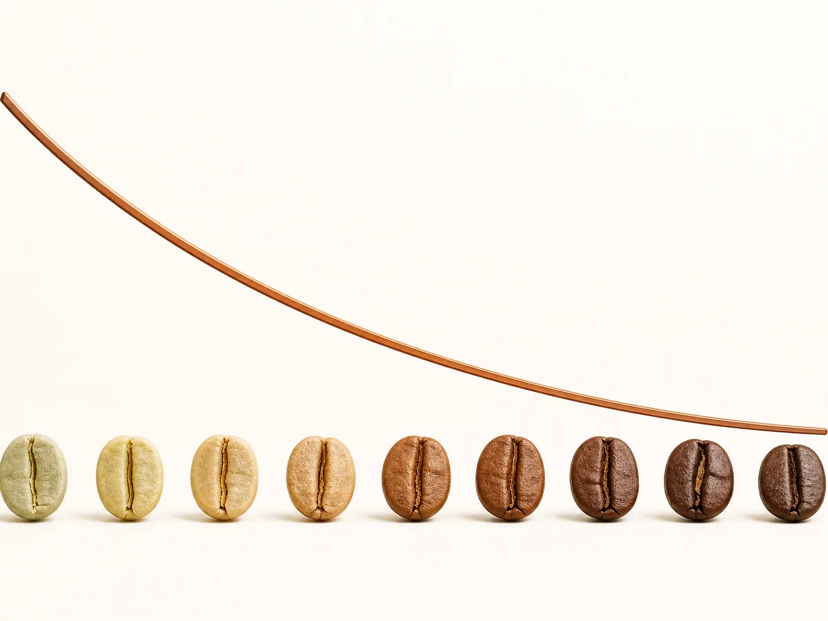 Courbe de RoR atteignant un maximum initial puis diminuant progressivement au-dessus de grains passant du vert au café torréfié.