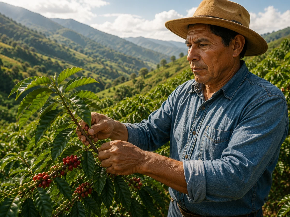 Producteur de café dans une plantation agroforestière riche en biodiversité