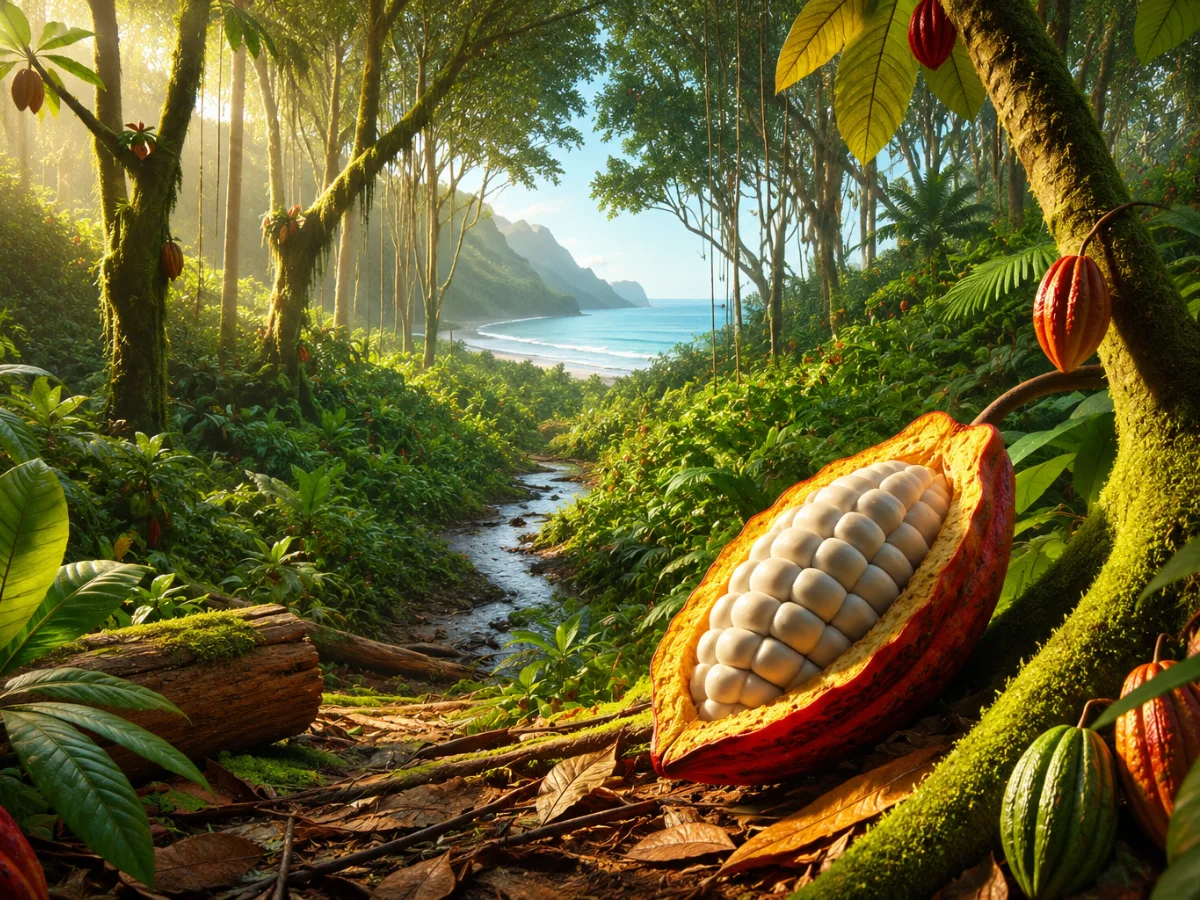 Cabosse de cacao ouverte dans une plantation tropicale, entourée de cacaoyers.