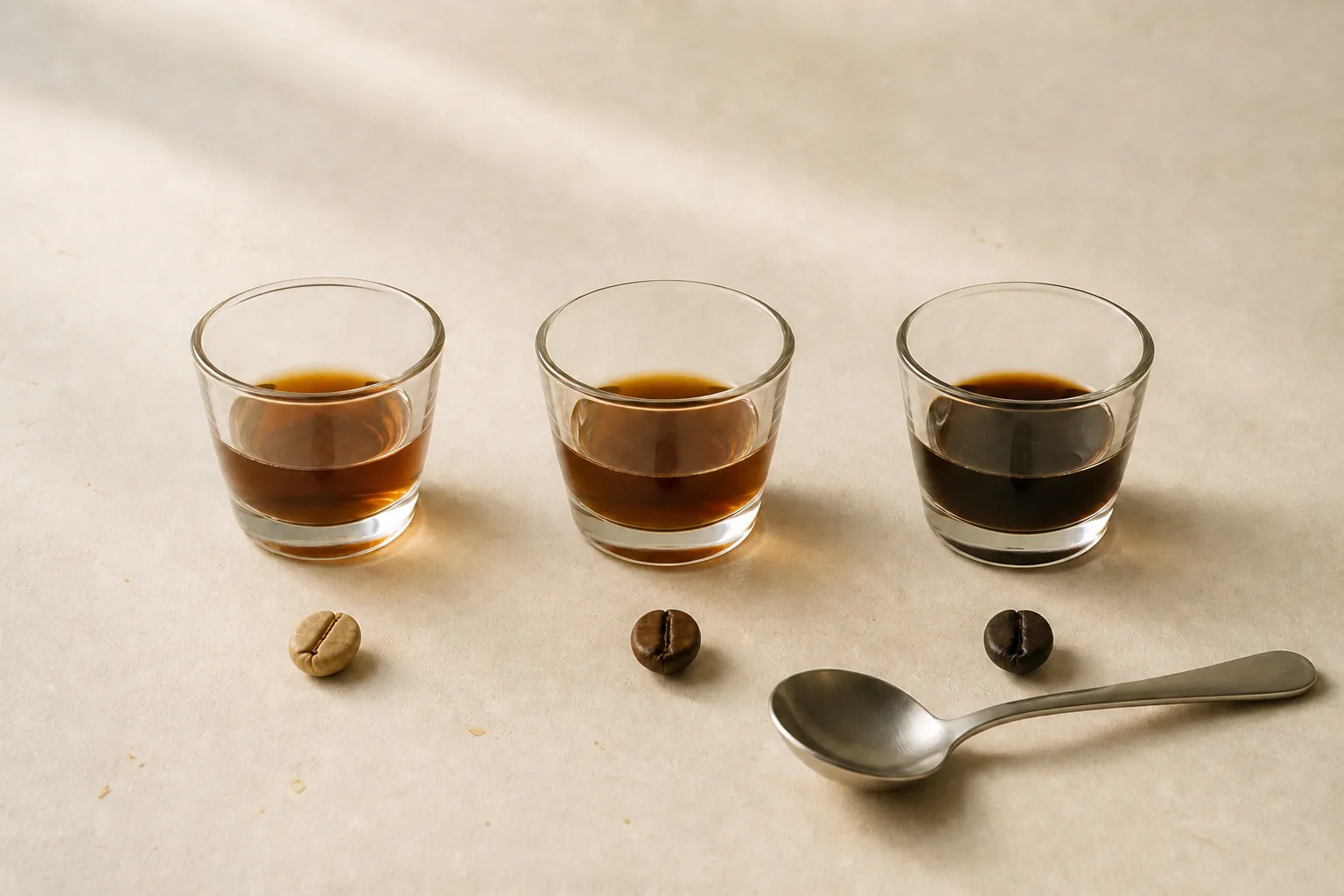 Trois verres de dégustation, trois grains de café et une cuillère de cupping sont disposés sur un papier ivoire pour évoquer la comparaison sensorielle.