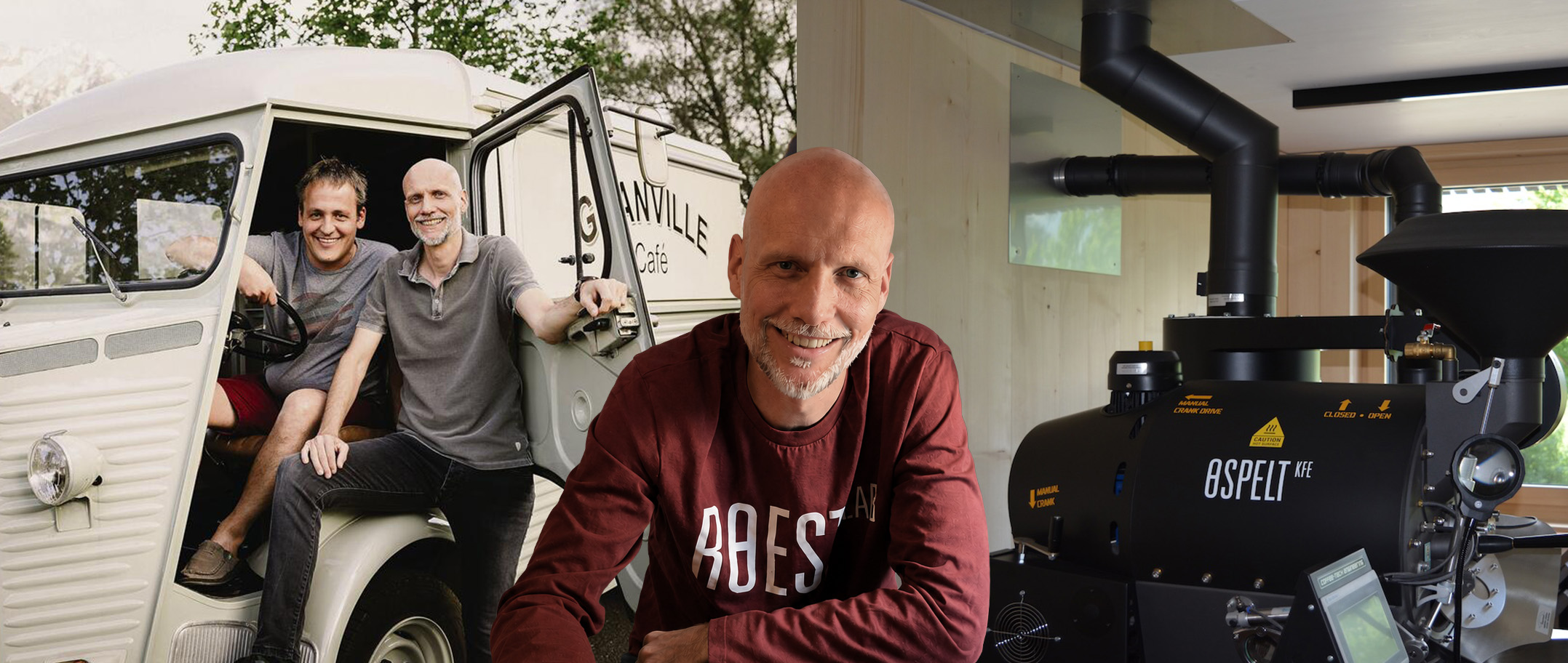 Kurt Ospelt entre le camion Granville Café et son torréfacteur Stingray E7