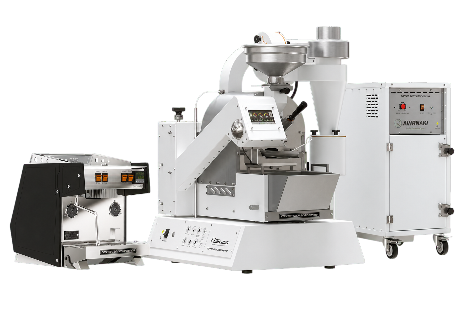 Ensemble Coffee-Tech détouré avec le torréfacteur FZ94 EVO, le Lab Extractor et le système de filtration Avirnaki